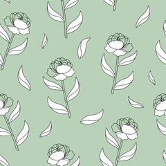 Seamless pattern with linear peony flowers from black outlines on a pale green background. Simple print with garden plants. Vector contour graphics in vintage floral style for fabric, paper wrapping