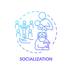 Socialization blue gradient concept icon. Social norms and rules. Social institutions function abstract idea thin line illustration. Isolated outline drawing. Myriad Pro-Bold font used
