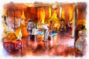 Architectural landscape of ancient temples and ancient art in northern Thailand. Illustrations. Impressionist watercolors.