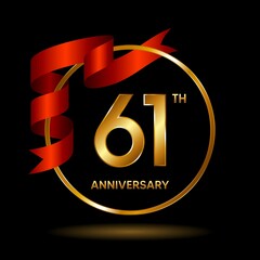 61th Anniversary logo. Anniversary celebration template design with golden ribbon for booklet, leaflet, magazine, brochure poster, banner, web, invitation or greeting card. Vector illustrations.