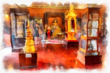 Architectural landscape of ancient temples and ancient art in northern Thailand. Illustrations. Impressionist watercolors.