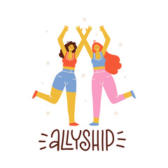 Fototapeta na wymiar Two women run towards each other to hug. Diversity women friendship and allyship. Female social network community. Casual abstract characters. Flat hand drawn vector illustration.