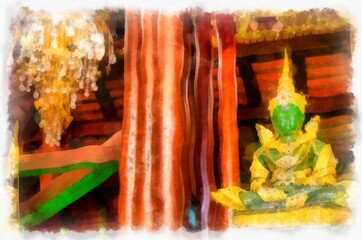 Architectural landscape of ancient temples and ancient art in northern Thailand. Illustrations. Impressionist watercolors.