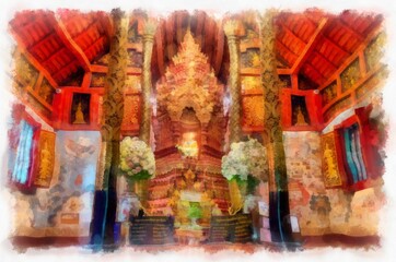 Architectural landscape of ancient temples and ancient art in northern Thailand. Illustrations. Impressionist watercolors.