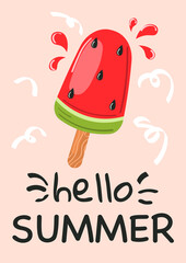 Watermelon ice cream and hello summer lettering. Element for poster, greeting cards, print,  t-shirts design. Vector illustration