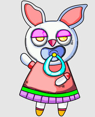 cartoon baby bunny wearing a long dress with a baby pacifier in her mouth