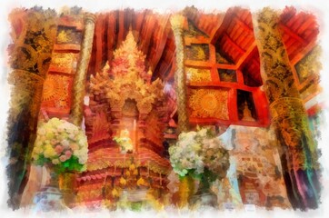 Architectural landscape of ancient temples and ancient art in northern Thailand. Illustrations. Impressionist watercolors.
