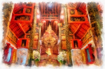 Architectural landscape of ancient temples and ancient art in northern Thailand. Illustrations. Impressionist watercolors.