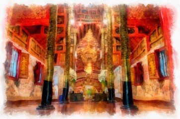 Obraz na płótnie Canvas Architectural landscape of ancient temples and ancient art in northern Thailand. Illustrations. Impressionist watercolors.