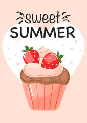 Vector cartoon style poster with sweet cupcake. Muffin isolated on pink background. Yummy dessert decorated with strawberry. Sweet summer, card or poster. Vector illustration.