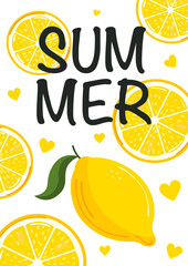 Banner design for summer season. Bright card or banner with the inscription summer. Lemon, lemon slice. Vector illustration. Suitable for print.