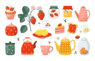 Strawberries, tea, cups, teapot, lemons, cookies, strawberry desserts - cupcake, toast, jam. Summer vitamins. Cake and jam with fresh fruit. Nutrition and dieting, menu special.