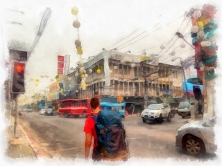 Landscape of commercial districts and markets of the city center in the provinces of Thailand watercolor style illustration impressionist painting.