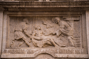 Munich, Germany -April 27,2022: Details of stone ornaments on the facades of baroque buildings in the German city Munich which is the capital city in Bavaria.