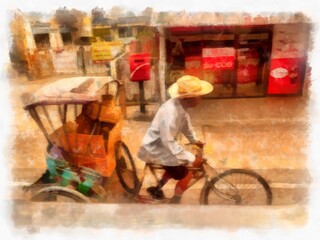 Fototapeta premium Landscape of commercial districts and markets of the city center in the provinces of Thailand watercolor style illustration impressionist painting.