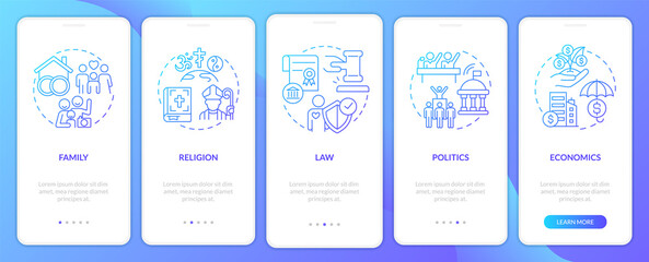 Social institutions list blue gradient onboarding mobile app screen. Walkthrough 5 steps graphic instructions pages with linear concepts. UI, UX, GUI template. Myriad Pro-Bold, Regular fonts used