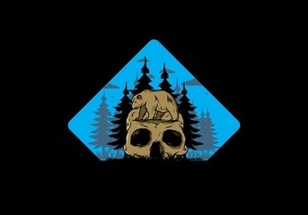 Big bear walking on skull head illustration