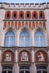Munich, Germany -April 27,2022: Details of stone ornaments on the facades of baroque buildings in the German city Munich which is the capital city in Bavaria.
