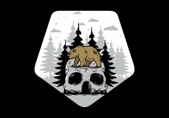 Big bear walking on skull head illustration