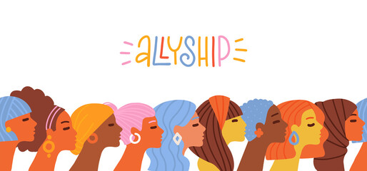 Face silhouettes of multicultural multiethnic female profile in row. Concept of racial equality anti-racism justice opportunities, allyship. Banner with lettering word. Flat hand drawn vector