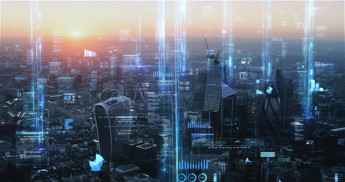 Smart City and Communication Network Concept, 5G, Financial Charts, Internet of Things, Augmented Reality, Big Data. Holographic Animation over London Skyline.