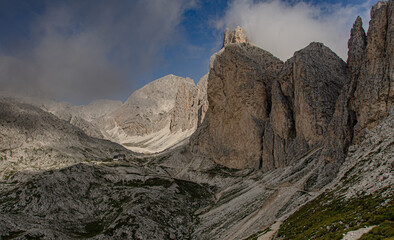 Antermoia refuge, a mountain hut located in Vallon d'Antermoia [valley], in a stony, moon-like valley in the eastern sector of Catinaccio group, Dolomites, South Tyrol, Italy