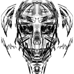 Human skull, necromancer, occult. Tattoo, freehand drawing, vector. Abstract. Contemporary trendy art illustration