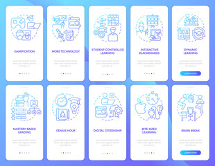 Education trends blue gradient onboarding mobile app screen set. Walkthrough 5 steps graphic instructions pages with linear concepts. UI, UX, GUI template. Myriad Pro-Bold, Regular fonts used