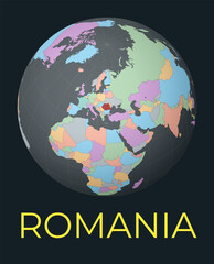 World map centered to Romania. Red country highlighted. Satellite world view centered to country with name. Vector Illustration.