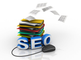 3d rendering mouse attached to word seo search engine optimization near folder
