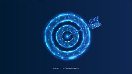 Smart goal setting, dart hit the center of dartboard glowing blue. Low polygon, particle, and triangle style design.Wireframe light connection structure.
