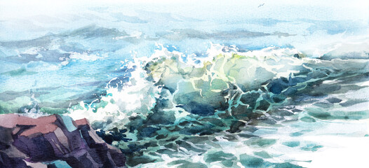 Watercolor sea wave with splashes.Illustration in blue tones.Macro.