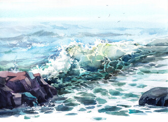 Sea with  wave and foam .Splashes on rocks and rocks.Watercolor illustration.