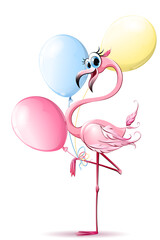 Cartoon cute pink smiling flamingo with balloons