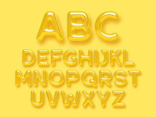 Summer yellow alphabet vector set. 3d realistic glossy typeface. Decorative letters for banner, cover, birthday or anniversary, summer holiday party.