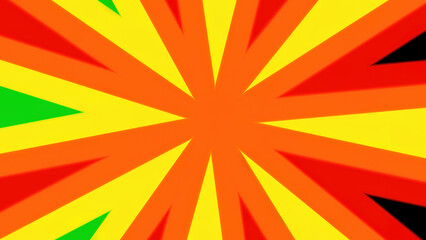 A kaleidoscopic background of orange rays over multicolored geometric shapes. 