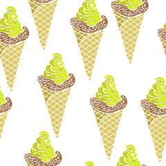 Ice cream cone seamless pattern, lime ice cream on white background