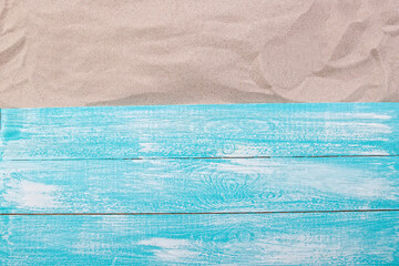 Sand copy space. Sand background top view. Wooden background on sand top view