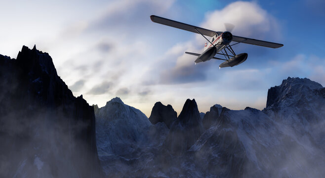 Dramatic Mountain Landscape covered in clouds. Sunset or Sunrise Colorful Sky. Seaplane aircraft Flying. 3d Rendering Adventure Dream Concept Artwork.