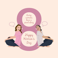 two young womens with eight logo having fun celebrating women's day