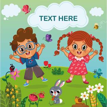 In nature, a boy and a girl on the theme of Spring with an empty text area. Vector illustration.
