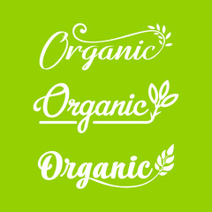 Organic product lettering for label or sticker, package design. Natural food badge. Organic food labels, eco and bio natural products.