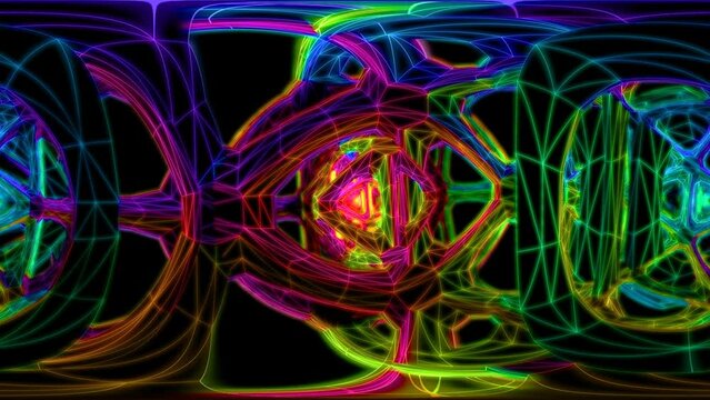 Seamless animation of rainbow lowpoly wireframe structure. Metaverse concept. Spherical panorama 360 virtual reality 3D rendering. Equirectangular environment map.