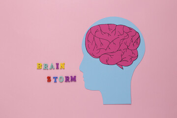 Paper cut head with brain and inscription brainstorm on pink background