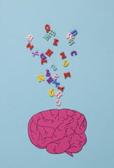 Paper cut brain with a stream of many letters on a blue background. Brainstorming, genius ideas concept