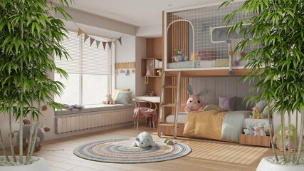 Zen interior with potted bamboo plant, natural interior design concept, modern children bedroom in pastel tones, oak parquet floor, bunk bed, desk and window, interior design idea