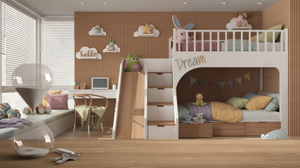 Wooden table, desk or shelf with crystal modern hourglass measuring passing time in a countdown to a deadline over children modern bedroom, interior design, copy space background