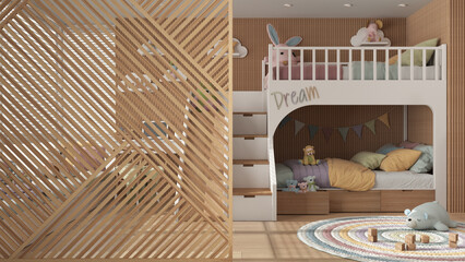 Obraz na płótnie Canvas Wooden panel close-up, modern children bedroom with bunk bed, desk with chair, toys and puppets, parquet. Classic zen interior design concept idea, contemporary architecture template