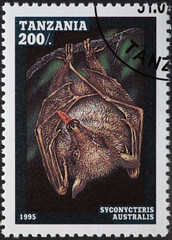 TANZANIA - CIRCA 1995: a postage stamp from TANZANIA, showing a bat Syconycteris australis. Circa...