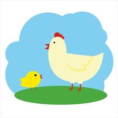 Hen and chick in flat style.
